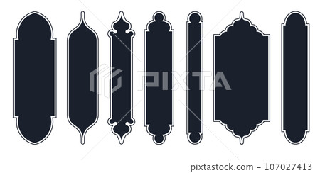 Collection of arabian oriental windows, arches and doors. Modern design in black for frames, patterns Mosque dome and lanterns Islamic ramadan kareem and eid mubarak style. Vector illustration 107027413