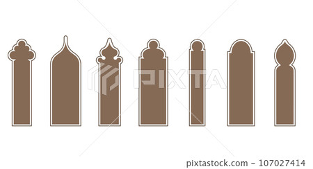 Collection of arabian oriental windows, arches and doors. Modern design for frames, patterns, backgrounds. Mosque dome and lanterns Islamic ramadan kareem and eid mubarak style. Vector illustration Collection of arabian oriental windows, arches and doors. Modern design for frames, patterns, backgrounds. Mosque dome and lanterns Islamic ramadan kareem and eid mubarak style. Vector illustration 107027414