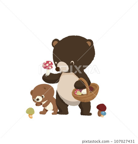 Illustration of a bear family picking mushrooms Illustration of a bear family picking mushrooms 107027431