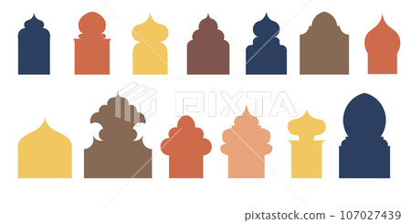 Collection of arabian oriental windows, arches and doors. Modern design for frames, patterns, backgrounds. Mosque dome and lanterns Islamic ramadan kareem and eid mubarak style. Vector illustration 107027439
