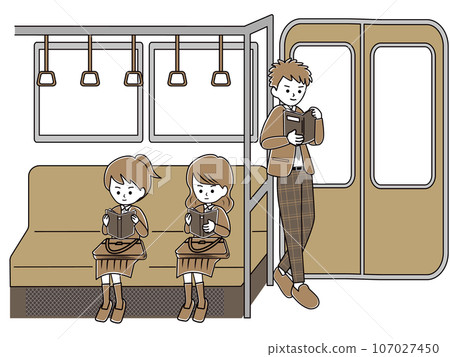 一個女學生坐在火車上看書，一個男孩站在門邊看書（簡單） 107027450