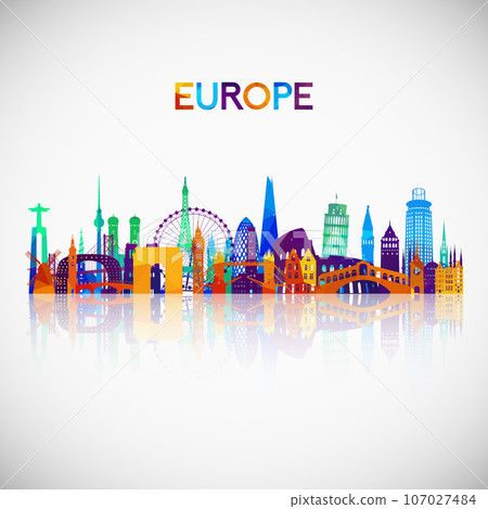 Europe skyline silhouette in colorful geometric style. Europe skyline silhouette in colorful geometric style. 107027484
