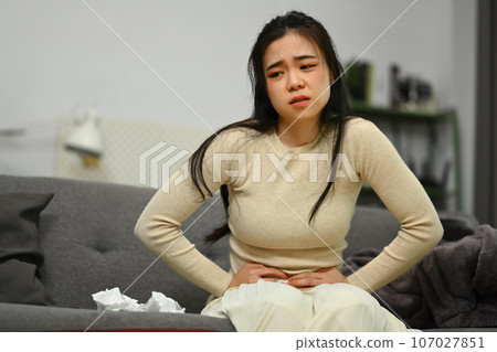 Unhealthy young woman holding belly sitting on couch at home suffering from pain, digestive problems. Health care concept Unhealthy young woman holding belly sitting on couch at home suffering from pain, digestive problems. Health care concept 107027851