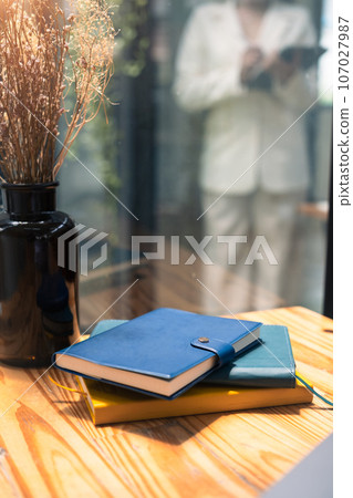 Books and dried flower in vase beside window with sun light. Comfortable workplace 107027987