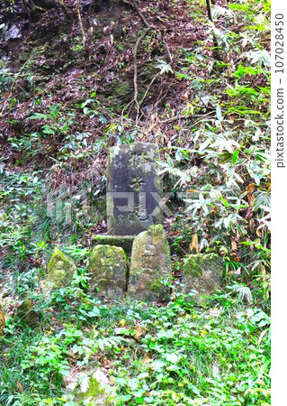 The stone monument of Shishigataki at the entrance of Shishigataki and the moss-covered Dosojin statue surrounded by the rocky walls of the forest in Moroyama Town 107028450
