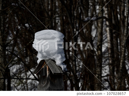 hut with snow covered roof 107028657