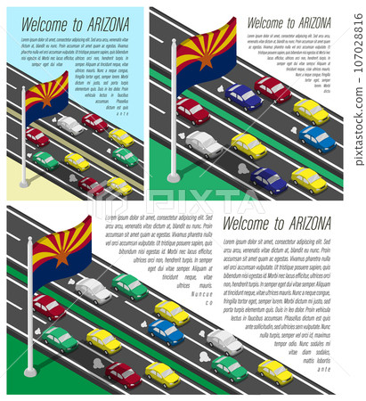 Isometric flag of US state of Arizona on flagpole fluttering in wind. Crossing of Arizona border by car travels. Set of information horizontal, square and vertical vector banner Isometric flag of US state of Arizona on flagpole fluttering in wind. Crossing of Arizona border by car travels. Set of information horizontal, square and vertical vector banner 107028816