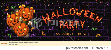 Halloween banner with confetti, pumpkin heads like kids Grunge outline silhouette of brick wall behind Horizontal holiday poster, header for website, social media Template for invitation, party ticket Halloween banner with confetti, pumpkin heads like kids Grunge outline silhouette of brick wall behind Horizontal holiday poster, header for website, social media Template for invitation, party ticket 107028993