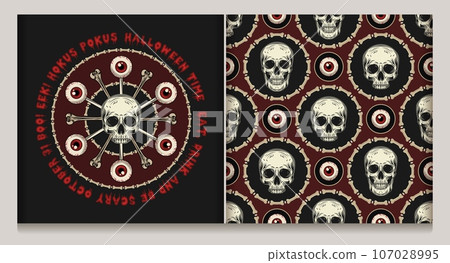 Circular halloween label, seamless geometric pattern with human red eyeball, bones, tradition halloween phrases, words, bloody letters. Eyeballs on stick like lollypop. Witchcraft magic concept. Circular halloween label, seamless geometric pattern with human red eyeball, bones, tradition halloween phrases, words, bloody letters. Eyeballs on stick like lollypop. Witchcraft magic concept. 107028995