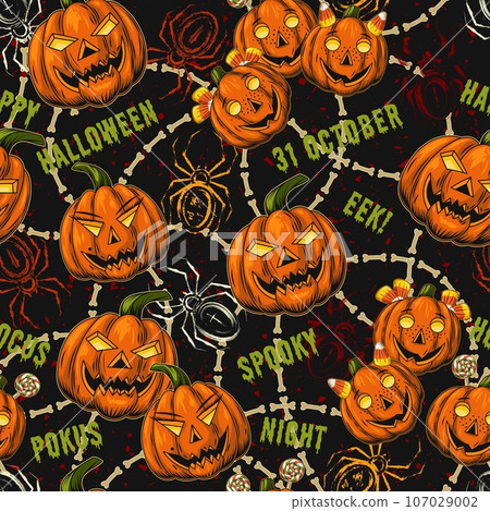 Halloween pattern with happy funny pumpkin family 107029002