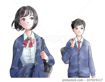 Watercolor style illustration of walking middle school or high school students, dark blue, no background 107029117