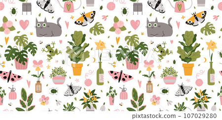Seamless pattern with trendy potted plants, cat and butterflys, cartoon style. Houseplants for interior. Urban Cozy home gardening hobby. Modern vector illustration on white, hand drawn 107029280