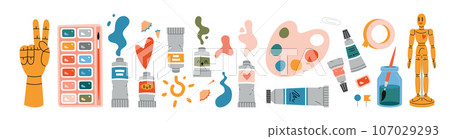 Set with painting tools elements and Art supplies, cartoon style. Various types of artistic paints and mannequins. Trendy modern vector illustration isolated on white, hand drawn, flat design Set with painting tools elements and Art supplies, cartoon style. Various types of artistic paints and mannequins. Trendy modern vector illustration isolated on white, hand drawn, flat design 107029293