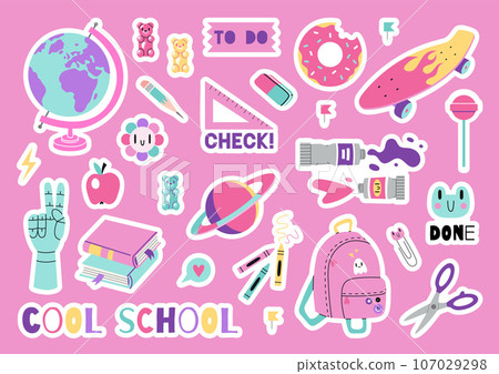 Set of stickers for planner and diaries, vector flat illustration. Sticker pack with cute school stationery and art supplies, cartoon style. Bright pastel color, 90s vibe. Decorations for notebook 107029298