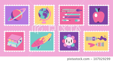 Set of cute hand-drawn post stamps with school stationery and art supplies. Bright pastel color, 90s vibe. Trendy modern vector illustartions in Cartoon style 107029299