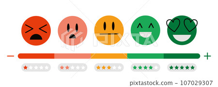 Customer satisfaction scale, Feedback concept, cartoon style. Includes such emoticon as angry, sad, neutral, joy and happy. Customer's service and evaluation review sign. Trendy vector illustartions Customer satisfaction scale, Feedback concept, cartoon style. Includes such emoticon as angry, sad, neutral, joy and happy. Customer's service and evaluation review sign. Trendy vector illustartions 107029307