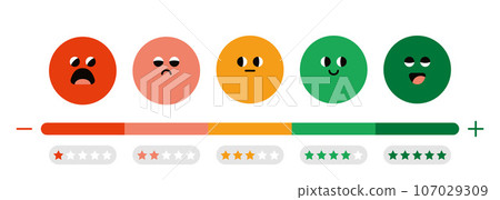 Cute customer satisfaction scale, Feedback concept. Includes such emoticon as angry, sad, neutral, joy and happy. Customer's service and evaluation review sign. Trendy vector cartoon illustartions Cute customer satisfaction scale, Feedback concept. Includes such emoticon as angry, sad, neutral, joy and happy. Customer's service and evaluation review sign. Trendy vector cartoon illustartions 107029309