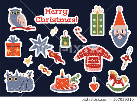 Cute stickerpack with New Year and Christmas attributes, cartoon style. Set of stickers for planner and diaries, vector flat illustration. Decorations for notebook, bullet journal Cute stickerpack with New Year and Christmas attributes, cartoon style. Set of stickers for planner and diaries, vector flat illustration. Decorations for notebook, bullet journal 107029310