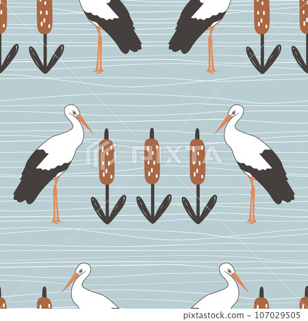 Storks and reeds seamless vector pattern. Stylized folk background 107029505