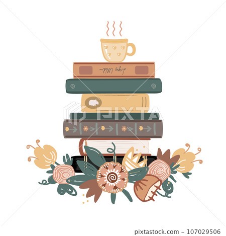 Vintage composition with books pile, tea mug, and meadow doodle flowers isolated on white background. Hand drawn vector illustration 107029506