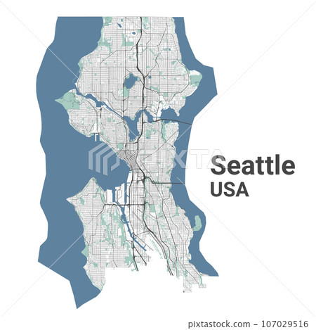 Seattle map, American city. Municipal administrative area map with rivers and roads, parks and railways. 107029516