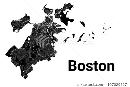 Boston city map, United States. Municipal administrative borders, black and white area map with rivers and roads, parks and railways. Boston city map, United States. Municipal administrative borders, black and white area map with rivers and roads, parks and railways. 107029517