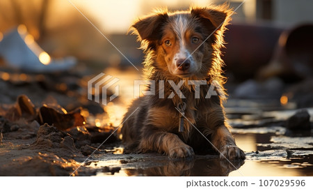 Stray Puppy on a Damaged Street in Afternoon Light - A Powerful Image for Animal Rights Advocacy, Stray dog, Ai generative 107029596