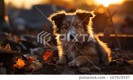 Stray Puppy on a Damaged Street in Afternoon Light - A Powerful Image for Animal Rights Advocacy, Stray dog, Ai generative 107029597