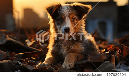 Stray Puppy on a Damaged Street in Afternoon Light - A Powerful Image for Animal Rights Advocacy, Stray dog, Ai generative Stray Puppy on a Damaged Street in Afternoon Light - A Powerful Image for Animal Rights Advocacy, Stray dog, Ai generative 107029604