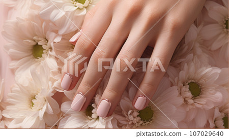 Beige color nails on flowers. Closeup Woman hand with beautiful nail design. Female nails with beige color manicure. Women fingers with gloss manicure. Beige color nails on flowers. Closeup Woman hand with beautiful nail design. Female nails with beige color manicure. Women fingers with gloss manicure. 107029640