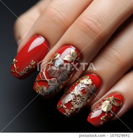 Luxury Red nails with drawing flowers. Closeup Woman hand with beautiful nail design. Female hand with stylish, creative and modern manicure. Women fingers with fashion manicure. Luxury Red nails with drawing flowers. Closeup Woman hand with beautiful nail design. Female hand with stylish, creative and modern manicure. Women fingers with fashion manicure. 107029641
