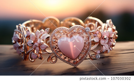 Beautiful jewelry gold ring with pink hearts over outdoor. Luxury gold jewelry by handmade. Macro shot of stylish gold ring, while morning sunrise background. 3D illustration of women gold accessories Beautiful jewelry gold ring with pink hearts over outdoor. Luxury gold jewelry by handmade. Macro shot of stylish gold ring, while morning sunrise background. 3D illustration of women gold accessories 107030302