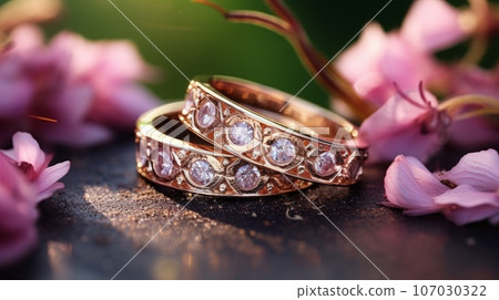 Wedding rings with precious stones on a green nature background with purple flowers. Luxury gold jewelry by handmade. Macro shot of stylish gold wedding ring. 3D illustration of gold wedding rings Wedding rings with precious stones on a green nature background with purple flowers. Luxury gold jewelry by handmade. Macro shot of stylish gold wedding ring. 3D illustration of gold wedding rings 107030322