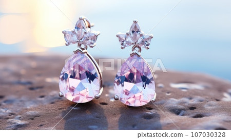 Luxury earrings with precious stones outdoor shot with bokeh effect. Luxury  Beautiful exclusive earrings with diamonds with evening soft light , macro shot. 3D illustration of gold earrings. 107030328