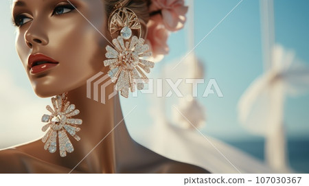 Beautiful young woman with Luxury earrings with precious stones on blue sea background with soft focus. Fashion outdoor photo of sensual woman with blond hair in elegant dress and style accessories. 107030367