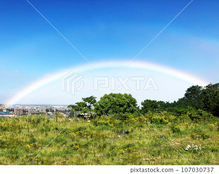 一道美麗的彩虹在藍色的天空中蔓延 107030737