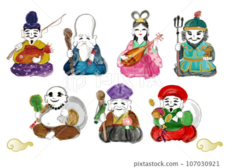 Hand-drawn Japanese style illustration of the Seven Lucky Gods 107030921