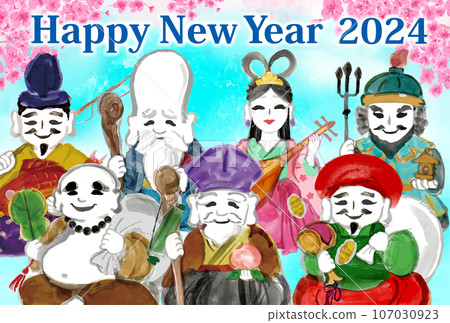 2024 年新年賀卡模板，手繪日式七福神插圖 107030923