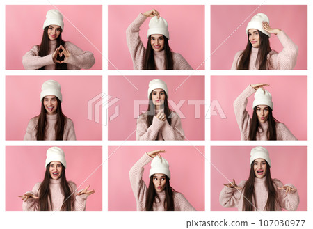 Set of beautiful woman in hat showing different facial emotions 107030977
