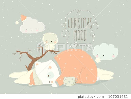Cute Cartoon Bear sleeping near Polar Owl Cute Cartoon Bear sleeping near Polar Owl 107031481