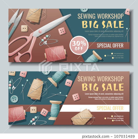 Set of banner templates for sewing workshop. Discount coupon with sewing items. Pattern, template, buttons, thread. Poster for sewing courses, schools, shops, ateliers. Discounts on products 107031489