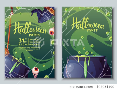 Set of Halloween party invitation templates. Flyer, banner for All Saints Day. Witch s cauldron, broom, hat, spider s web. Greeting card for the holiday. 107031490