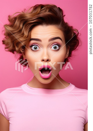 Beautiful stylish young woman with surprised face expression on pink trendy background Beautiful stylish young woman with surprised face expression on pink trendy background 107031782