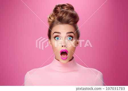 Beautiful stylish young woman with surprised face expression on pink trendy background Beautiful stylish young woman with surprised face expression on pink trendy background 107031783
