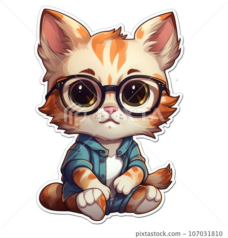 Cute cartoon kitten in glasses on white background, digital sticker Cute cartoon kitten in glasses on white background, digital sticker 107031810