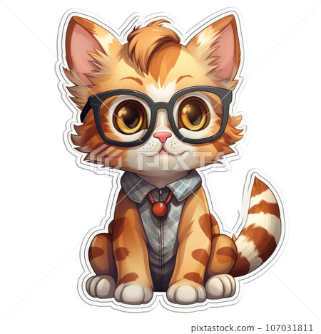 Cute cartoon kitten in glasses on white background, digital sticker 107031811