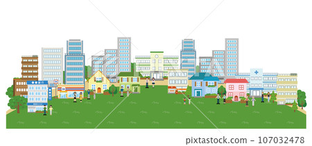 Illustration material of people and city (line, horizontal, round hill) 107032478