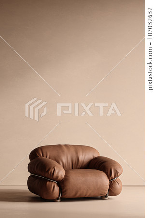 Conceptual vintage interior studio room with stucco wall. Creative composition armchair in warm pastel color. Mockup empty background. 3d rendering. High quality 3d illustration Conceptual vintage interior studio room with stucco wall. Creative composition armchair in warm pastel color. Mockup empty background. 3d rendering. High quality 3d illustration 107032632