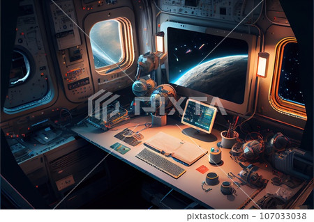 View from the cockpit of a spaceship captain rushing through space at high speed. The cockpit of the spaceship. Generative AI Art. View from the cockpit of a spaceship captain rushing through space at high speed. The cockpit of the spaceship. Generative AI Art. 107033038