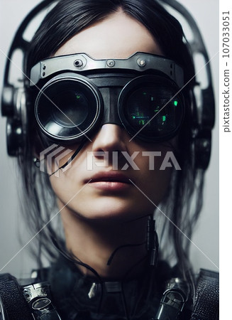 Realistic portrait of a sci-fi cyberpunk girl in a cyber suit. High-tech futuristic man from the future. The concept of virtual reality and cyberpunk. 3D render. 107033051